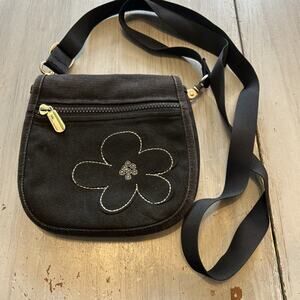 Haiku Dark Brown Black Crossbody Bag Purse Embroidered Flower Lime Green